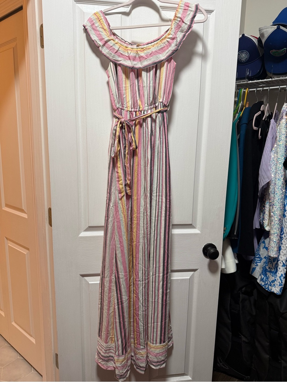 Pinkblush Maternity Pink Multi-Striped Off Shoulder Maxi Dress